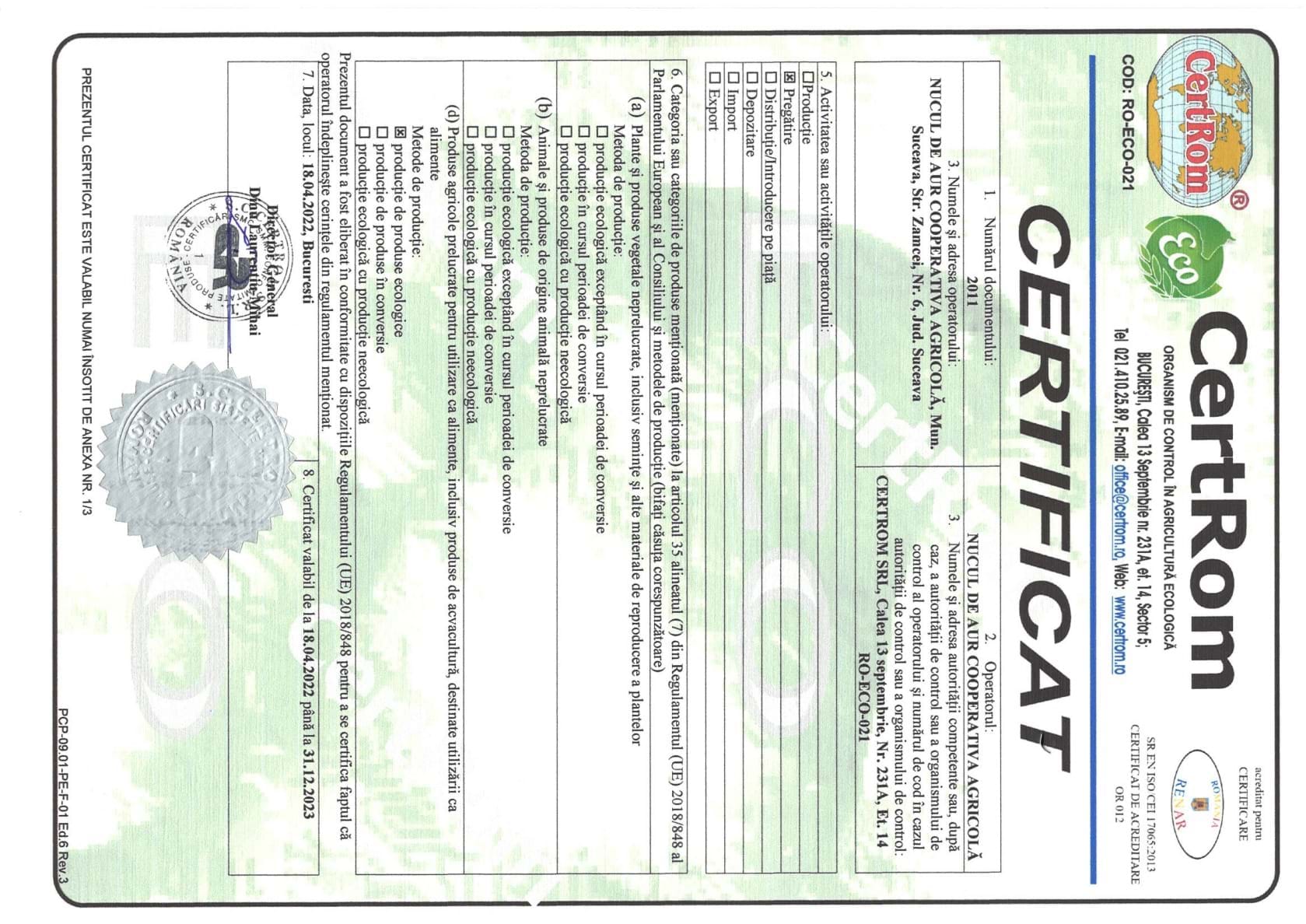 CERTIFICAT DE ACREDITARE ISO CEI 17065:2013 - Nucul de Aur Cooperativa Agricola