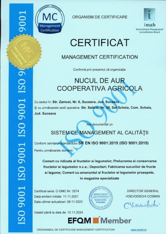Certificat SISTEM DE MANAGEMENT AL CALITATII ISO 9001:2015 - Nucul de aur Cooperativa Agricola