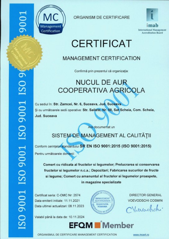 Certificat SISTEM DE MANAGEMENT AL CALITATII ISO 9001:2015 - Cooperativa Nucul de aur Certificat SISTEM DE MANAGEMENT AL CALITATII ISO 9001:2015 - Nucul de aur
